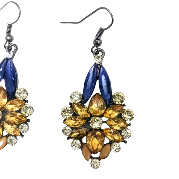 Hollywood Regency Yellow Simulated Diamonds Pierced Earrings Chandelier Dangle - Picture 6 of 11